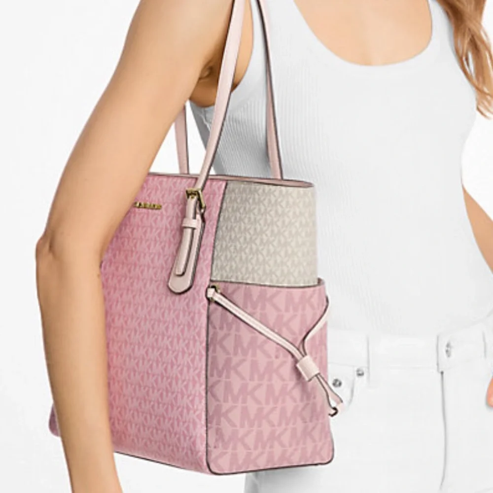 Michael Kors Voyager Large Color-Block Signature Logo Tote Bag Powder Blush Mult